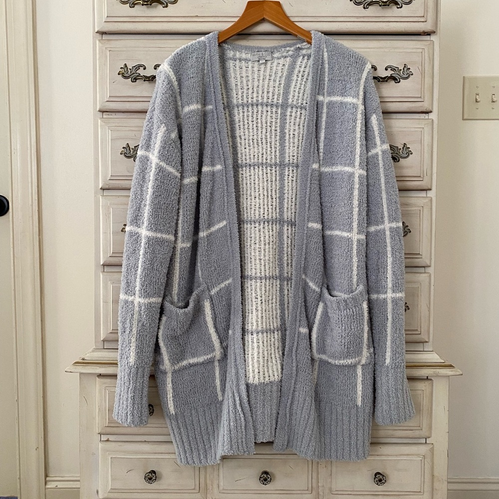 Grey Grid Plaid Pocketed Cardigan